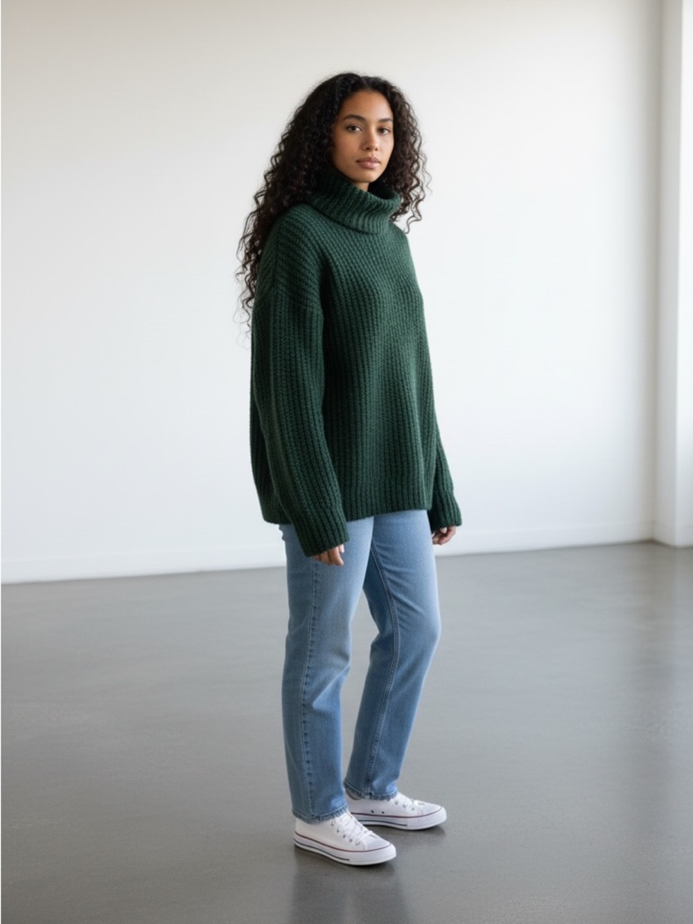 J. Crew Oversized Turtleneck Sweater Textured Yarn Alpaca Wool Pine Green 
S/M